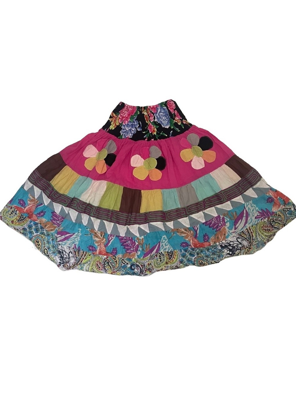 Vibrant Boho Patchwork Skirt Flower Applique Tiered Peasant Festival S/M